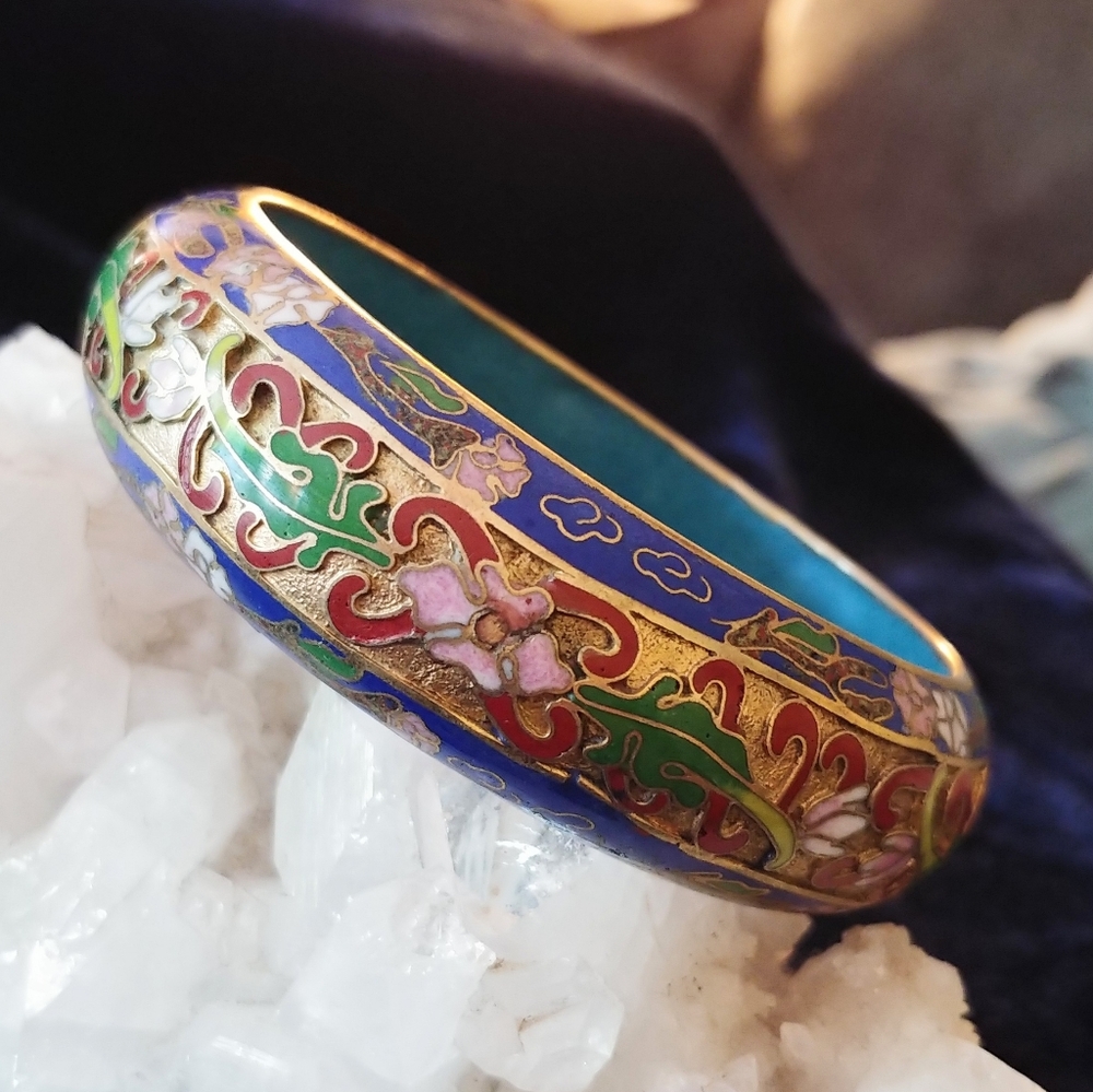Vintage True Cloisonne and Brass Bangle Floral Bracelet